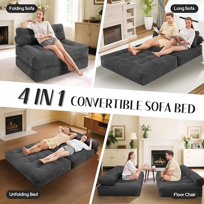 HABUTWAY Folding Sofa Bed, Foldable Floor Sofa Lounge w/Dual-Pillow & Handle, Convertible Sleeper Chair Bed w/Back Support for Living Room, Bedroom, Apartment, Office, Grey, Full