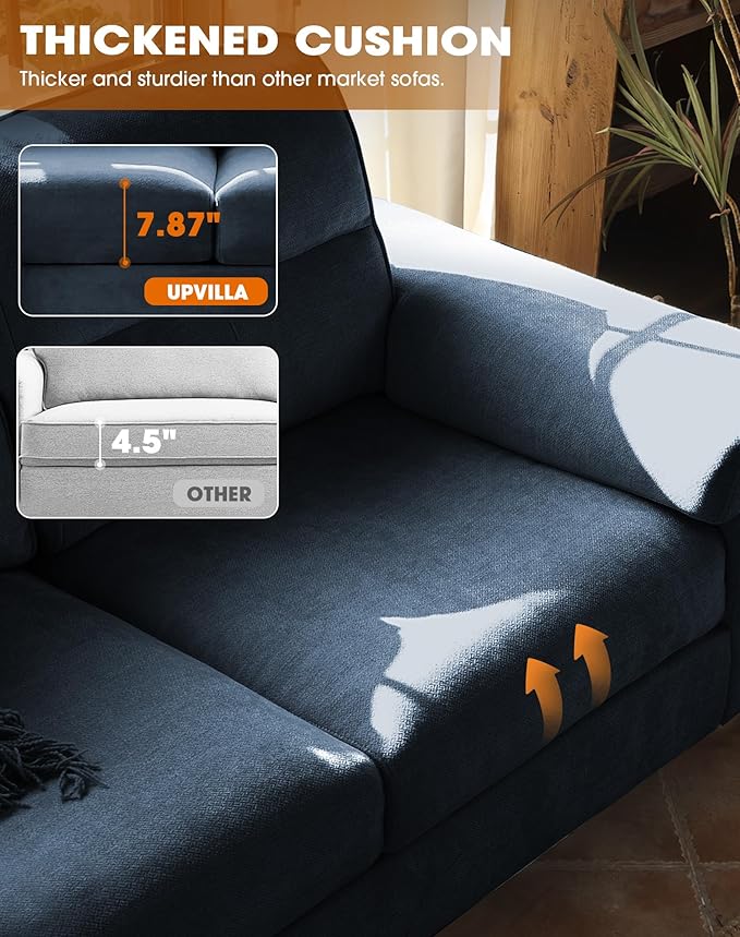 Upvilla 88.97" Modern Sofa Couch for Living Room, Deep Seat Sofas with 8”Cushion, Comfy 2-Seater Chenille Loveseat with Convertible Armrest, Removable Sofa Cover, High Leg (Blue)