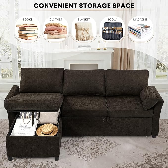 ACMEASE 83 Inches Fabric Sectional Sofa with Pull Out Sofa Bed, Modern L Shaped Sofa with Throw Pillows, Comfortable Sleeper Couch with Storage Chaise for Living Room, Brown