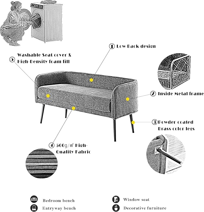 Bedroom Bench with Low Back,Inside Metal Frame (Beige)