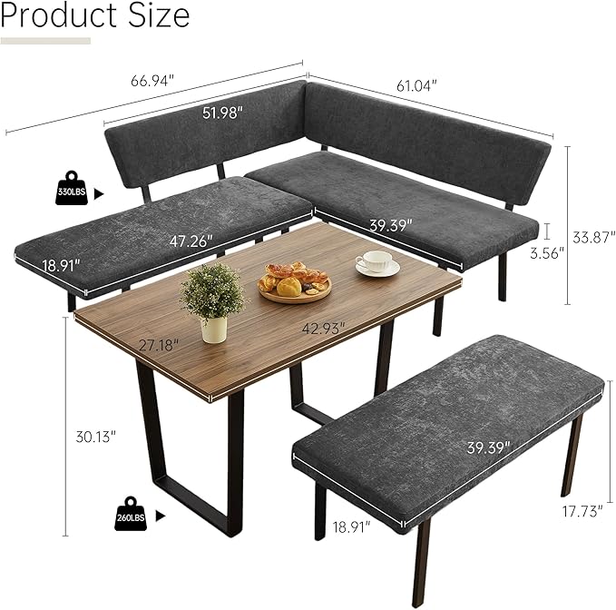 3-Piece Corner Dining Table Set with Bench, 67 Inch Space-Saving Breakfast Nook for Kitchen & Dining Room (Walnut Table & Grey Bench)