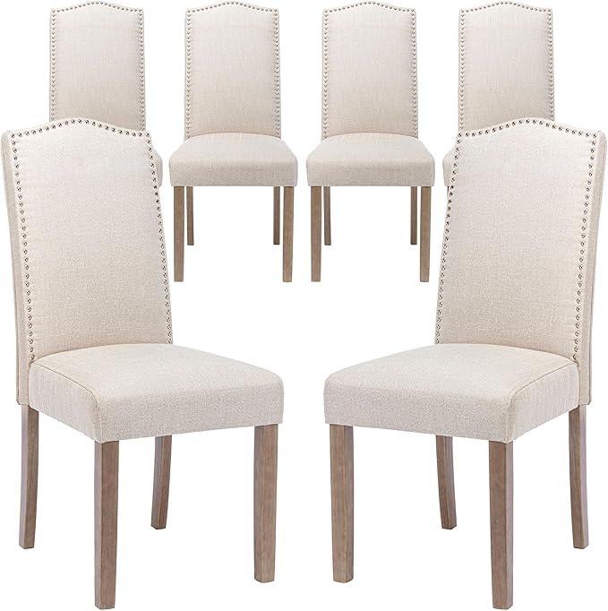 SNUGWAY Upholstered Dining Chair Stylish Parsons Kitchen High Back with Silver Nailhead Trim & Wood Legs, 6-Pack, Fabric Beige