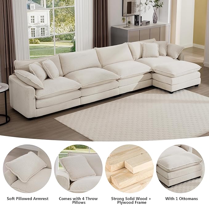 Aoowow Corduroy 4 Seater Cloud Couch with Ottoman,Modern Cloud Couches for Living Room,Modular Sectional Cloud Sofas with Deep Seat,Oversized Tufted L-Shaped Sofa Set (Beige, 4 Seater + 1 Ottoman)