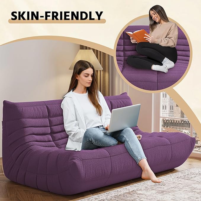Bean Bag Chair, Fireside Chair, Large Bean Bag Chair for Adults, Bean Bag Chairs for Teens with High-Resilience Foam, Non-Slip Base Floor Lounge Sofa,Living Room (Purple, 3-Seater)