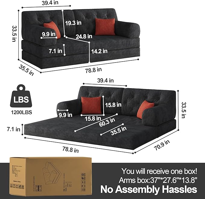 Carzzi-Life 79" Convertible Sofa Bed with Pillows, Corduroy Folding Sleeper Sofa with Fixed-Shape Frame, Boneless Couch for Living Room Bedroom, Floor Sofa Lounge No Assembly Required (Grey)
