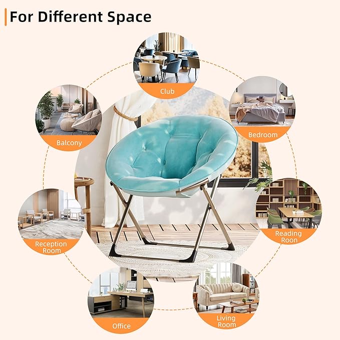 Oversized Soft Saucer Chair for Bedroom, Living Room, Dorm – Collapsible Accent Lounge Chair with Sturdy Metal Frame, Ultra Comfy for Adults, Teens & Kids – Blue