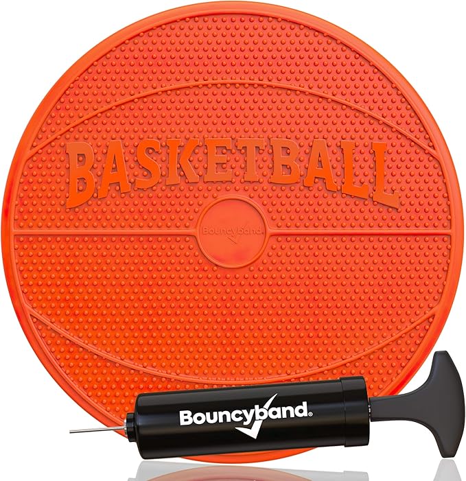 Shaped Wiggle Seats by Bouncyband–Orange Basketball, 13”x13”x2.2” –Inflatable Sensory Cushion for Kids, Improves Student Productivity and Focus, Comes with Easy-Inflation Pump to Customize Firmness