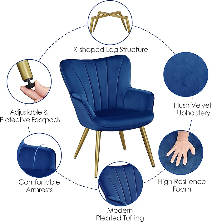 Yaheetech Velvet Accent Chair, Modern Armchair with Wing Side and Metal Legs, Cozy and Soft Padded and High Back for Living Room/Home Office/Bedroom, Set of 2, Blue