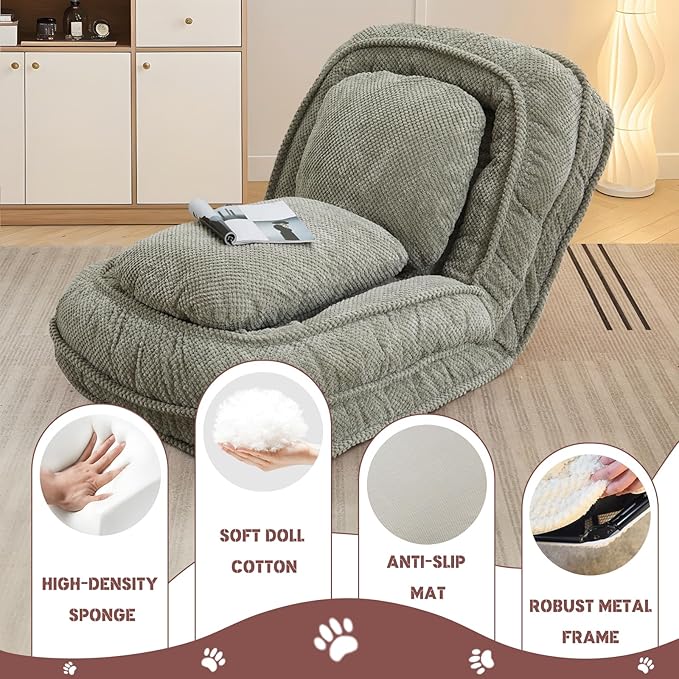 Upholstered Human Dog Bed for Adult & Pets, Convertible Lazy Sofa Bed with 5 Adjustable Position, Comfy Tatami Bean Bag Lounge Chair with 2 Soft Pillows for Bedroom Living Room Office (Green)