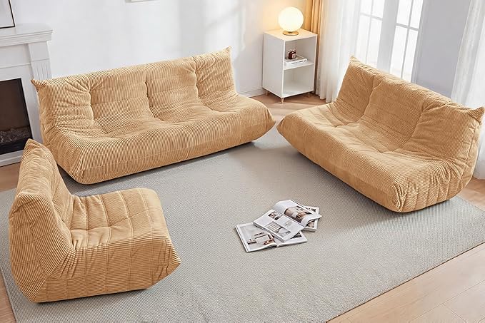 Bean Bag Chair,Giant Beanbag Chairs for Adults,Comfy Large Fireside Chair Lazy Sofa,Corduroy Bean Bag Lounger with Memory Foam Filled,Floor Sofa Couch for Home,Living Room (Khaki, 3-Seater)