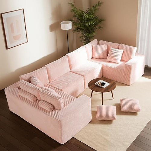 135.5" Cloud Sectional Couch,Boneless Corduroy Sofa for Living Room,Oversized U Shaped Sofa with Chaise,Deep Seat,No Assembly Required,Modular Sectional Sofa（Pink）