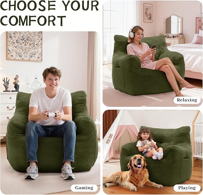 Bean Bag Chair, Comfy Bean Bag Sofa with Armrests & Back Support, Shredded Foam Filled Floor Couch for Adults, Fluffy Cloud Chair for Bedroom/Dorm/Reading, Single, Green