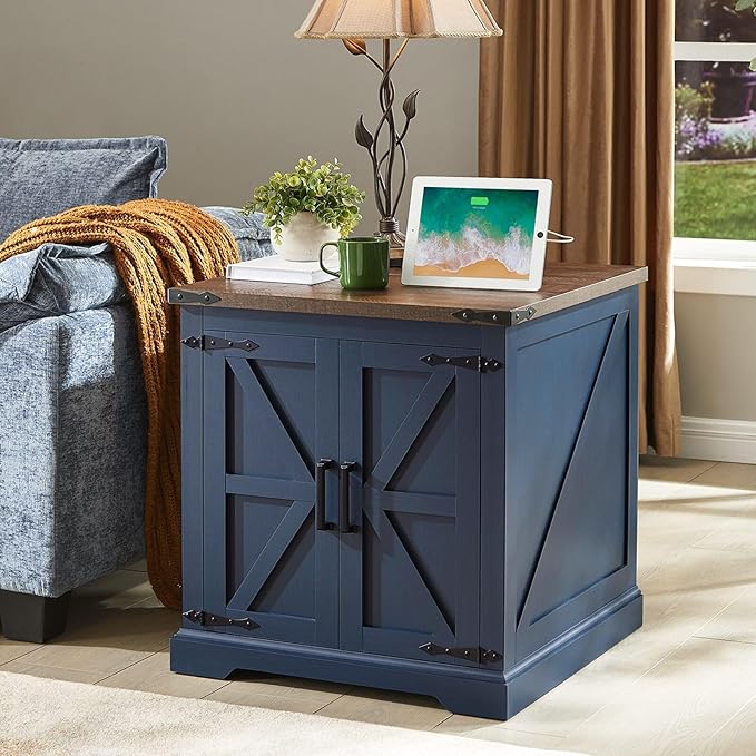 Barnyatoh Farmhouse End Table with Charging Station,24" Large Side Table with Barn Door, Wood Square Nightstand Bedside Table with Adjustable Storage Shelf for Living Room, Bedroom,Navy Blue 2-Pack