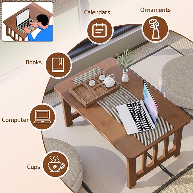 JNNXZZ Japanese Folding Coffee Table,Foldable Low Table for Sitting,Bamboo Collapsible Floor Tea Table,Portable Versatile Meditation Table for Tatami Living Room Home Office Apartment (Brown)
