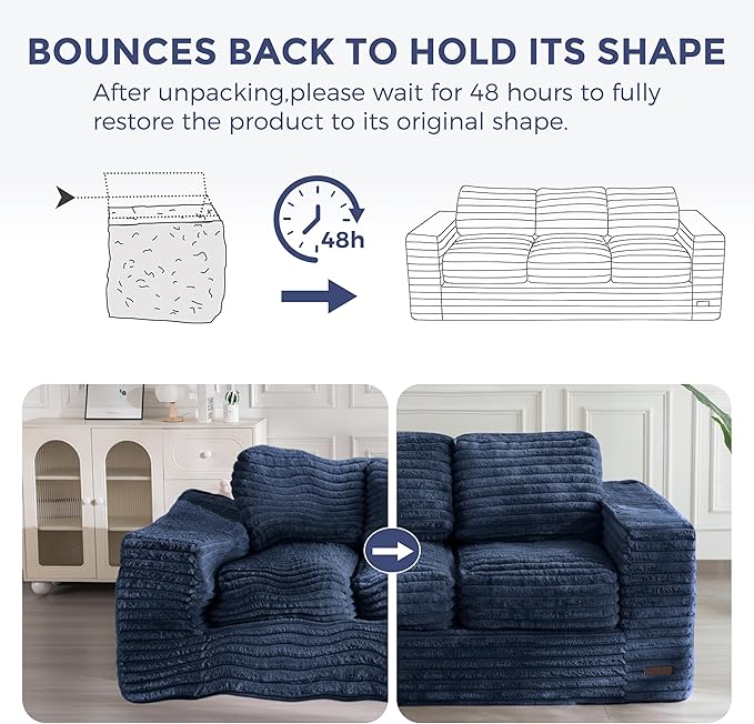 MAXYOYO 3-Seater Boneless Sofa Couch, Modern Faux Fur Sofa for Living Room, Soft Bean Bag Chair High-Density Foam Couch with Pillows, No Assembly Required