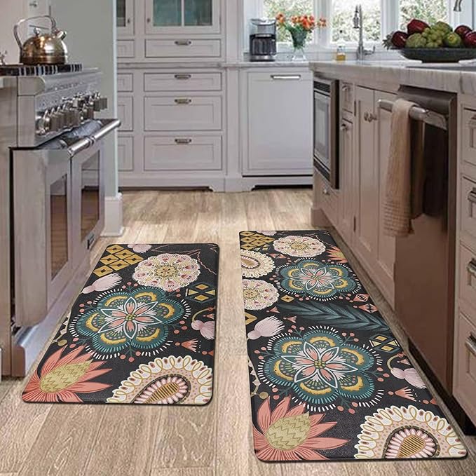 Homcomoda Boho Floral Kitchen Mats Cushioned Anti Fatigue 2 Piece Set Kitchen Rugs and Mats Non Slip PVC Waterproof Kitchen Comfort Mats for Standing Sink Laundry