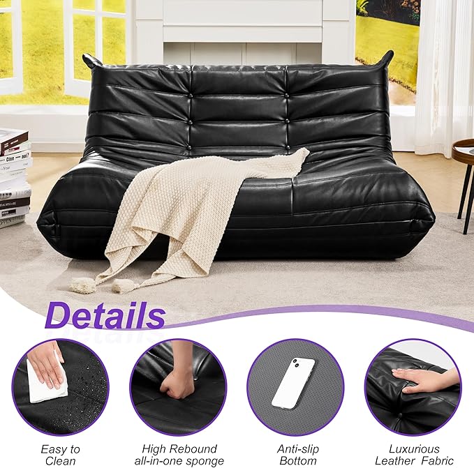 Hobestluk Bean Bag Chair Giant Bean Bag Sofa 2 Seater Bean Bag Chairs for Adults, Loveseat Floor Chair, Leather Bean Bag Chairs for Living Room Bedroom Dorm (Black, Loveseat)