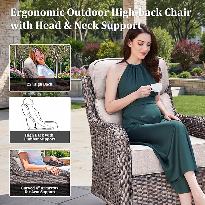 Pugire Luxury Outdoor Swivel Rocker Patio Chairs Set of 3, High Back Swivel Patio Chairs with Side Table & 6-Inch Thick Cushions, Wicker Outdoor Bistro Set for Porch, Yard, Deck, Poolside, Brown/Beige