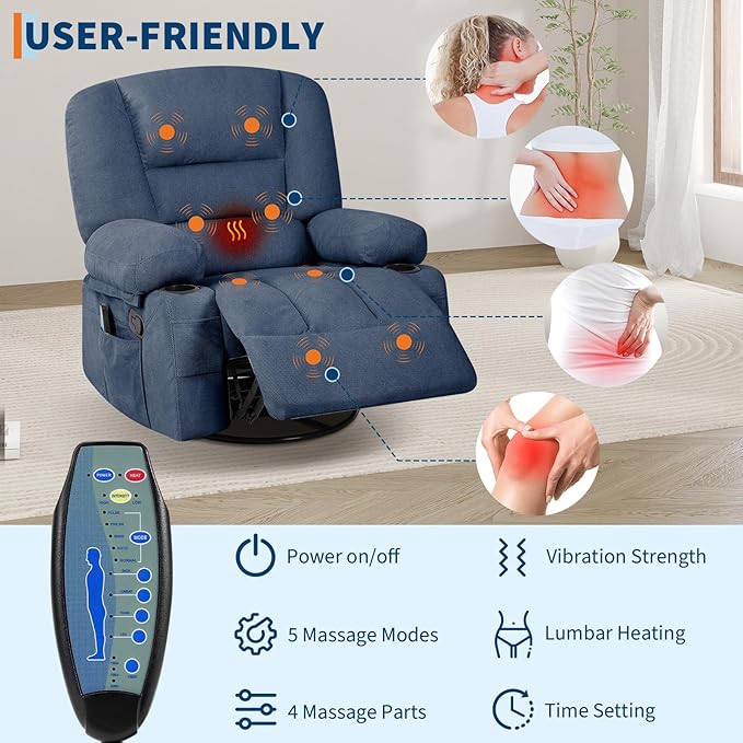 Rocker Recliner Chairs for Adults w/Vibration Massage and Heating,360° Swivel Rocker Glider Recliner,Extra Wide Manual Lazy Chair,Chenille Fabric Sofa Chair for Living Room,Bedroom,Blue