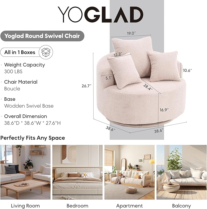 Yoglad 38.58'' Swivel Round Chair, Comfy Boucle 360° Accent Chair with Thick Cushion, Oversized Modern Single Sofa with 3 Pillows, Soft Armchair for Nursery, Living Room, Bedroom, Office (Beige)