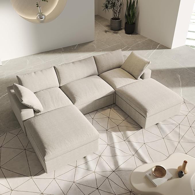 U-Shaped Cloud Sectional Couch, Khaki Modular Sectional Sofa, Modern Comfy Cloud Sofa with Storage Ottomans, Covers Removable, Convertible Sleeper Couch for Living Room Apartment (Linen Fabric)