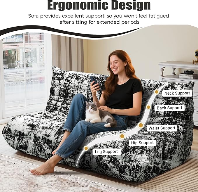 Selyteramy 3 Seat Oversized Bean Bag Chairs for Adults, Memory Foam Fireside Beanbag Couch, Comfy Bean Bag Lounger Lazy Sofa for Living Room, Bedroom, Playroom, Black Multi