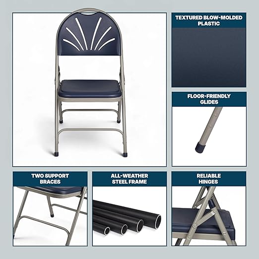 OEF Furnishings OEF1100 Series Premium Heavy-Duty Plastic Folding Chairs, Commercial Fanback Event Chairs with Triple Brace and 500 lb Capacity (4-Pack, Navy Plastic with Gray Frame)