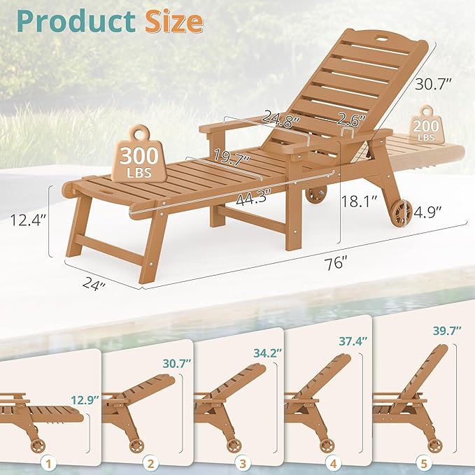 LUE BONA Chaise Lounge Chair with Table, 6-Piece, HDPS Chaise Lounger, 5 Positions Adjustable Lounge Chairs, Pool Lounge Chair with Wheels for Poolside, Backyard, Teak Color