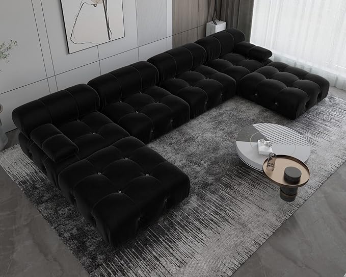 JACH 138" Modular Sectional Couch, U-Shaped Minimalist Velvet Sofas with Chaise Ottomans, Convertible Modern Deep 6-Seat Sofas Furniture for Living Room, Apartment (Black)