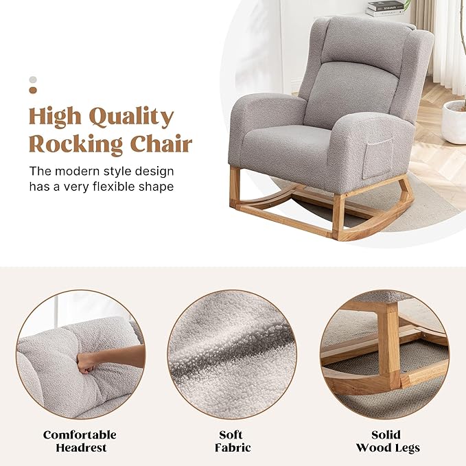 HCHAIRH Rocking Chair Nursery, Nursing Rocking Chairs for Mom Nursery, Comfy Wingback Glider Rocking Armchair with Foot Rest and Side Pocket for Nursery Living Room Bedroom, Teddy Grey