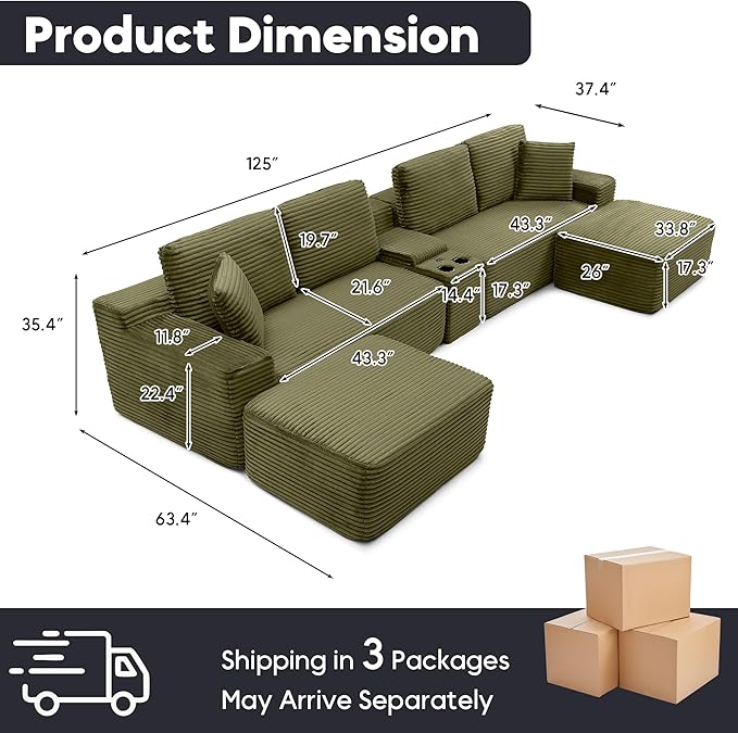 125” Oversized Modular Sectional Sofa, Deep Seat Corduroy Cloud Couch with Cup Holders, USB Ports & Storage Box, Sleeper Sofa Couch Boneless Couches for Living Room, No Assembly Required (Green)