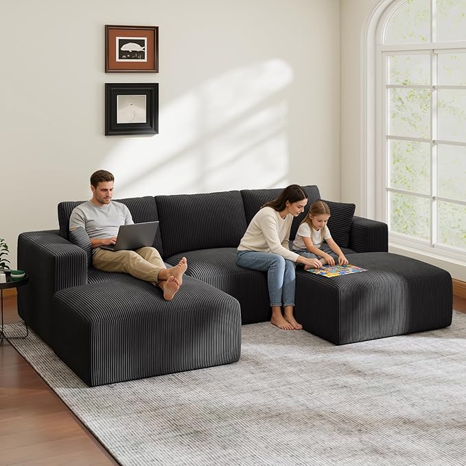 110" Modular Sectional Sofa, Cloud Couch U Shaped Memory Foam Boneless Couch with Ottoman, Cozy 3 Seater Corduroy Floor Couch, No Assembly Required Living Room Furniture for Apartment, Black