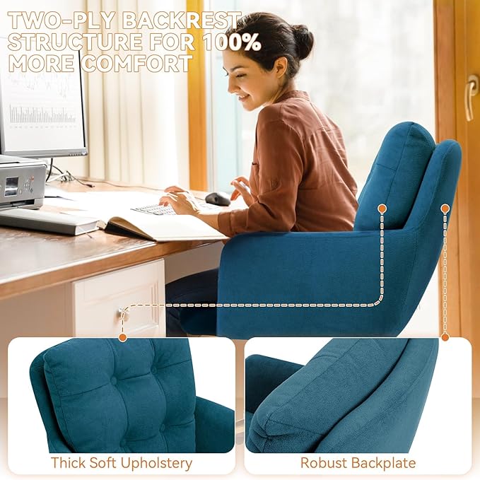 BALIAA Flannel Office Chair, Comfy Home Office Desk Chairs with Lumbar Support, Modern Velvet Desk Chair Gold Legs Small Swivel Task Chair for Home Office, Bedroom, Study (Blue, L)