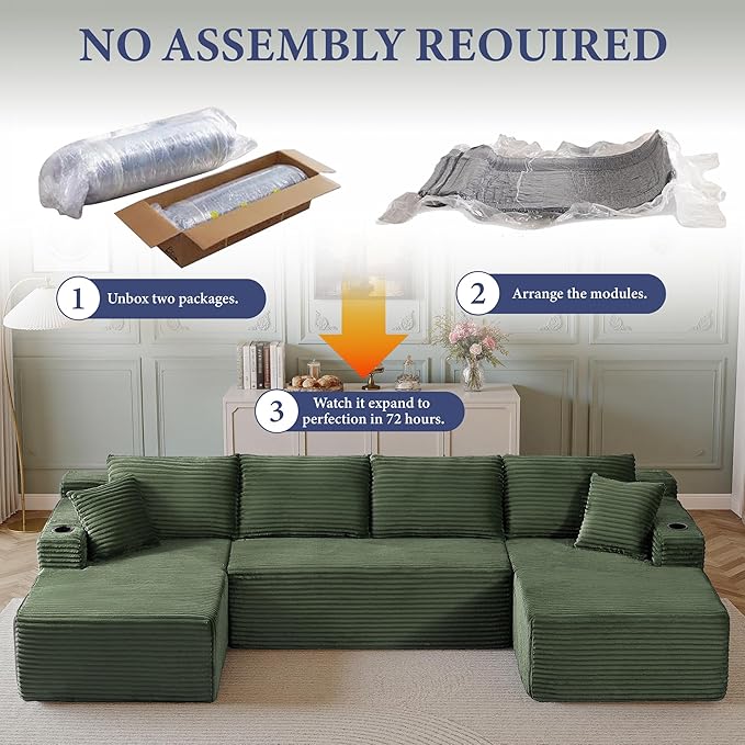 133" Sectional Couches for Living Room Cloud Couch Sofa with L-Shape Upholstered Boneless Couchs Modern Modular Sectional Couch with Chaise (Green, 133" W+U Facing Chaise)