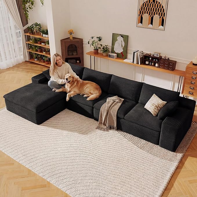 136" Cloud Sectional Couch with L-Shape Chaise, Modern Corduroy Viral Boneless Sofa for Living Room,Memory Foam Couches in a Box with Deep Seat,No Assembly Required (Black,Left-Facing Chaise)