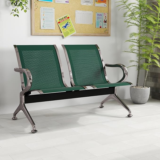 Kinfant 2-Seat Waiting Room Chair - Office Guest Reception Chairs with Ergonomic Backrests, Airport Waiting Bench with Armrests, Metal Waiting Furniture for Hospital, Bank, Salon, Dark Green