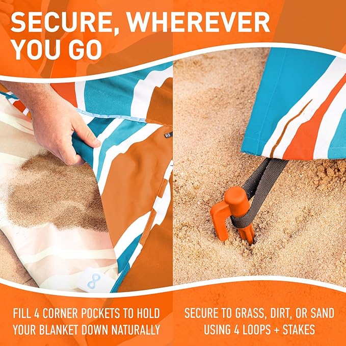 Everlasting Comfort Large Beach Blanket Waterproof & Sandproof - 128” x 108” /10.7ft x 9ft - Lightweight Picnic Mat, Camping Necessities for 10 People - Accessories for Outdoor Festivals - Orange