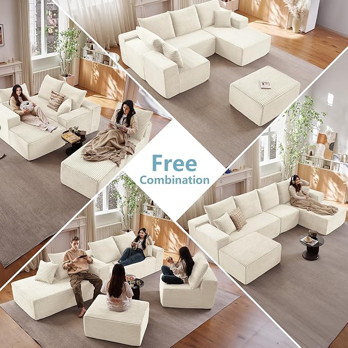 135.4" W Cloud Sectional Couch with Ottoman,Modern U-Shaped Cloud Couch with Deep Seat,Comfy Corduroy 4-Seater Sofa,Memory Foam Sofa for Living Room,No Assembly (White,Right-Facing Chaise)