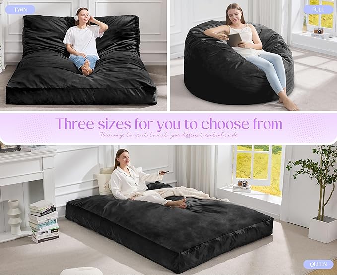 Hobestluk Giant Bean Bag Chair Bed for Adults, Large Bean Bags with High-Density Foam Filling, Convertible Big Sofa Bed Couch for Living Room, Bedroom, Playroom (Black, Queen)