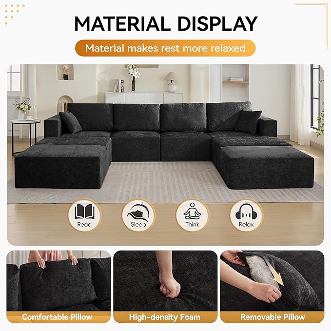 146'' Oversized Boneless Sofa Bed, 4 Seater Modular Sectional Couch with 4 Moveable Ottoman, No Asswmbly Chenille Compression Sofas with Chaise for Home House, Black