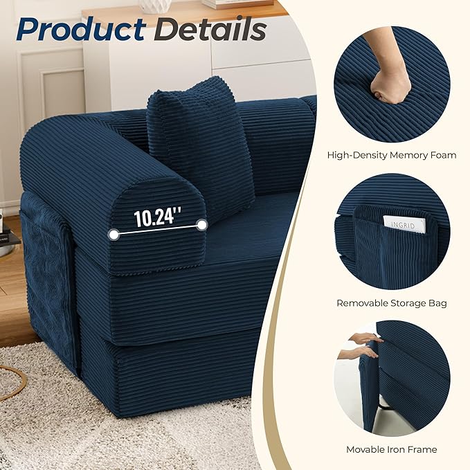 106.3" Oversized Convertible Sleeper Sofa Bed, L Shape Modular Sectional Cloud Sofa with Fixed-Shape Frame, Boneless Couch with Storage Pocket for Living Room, No Assembly Required, Blue