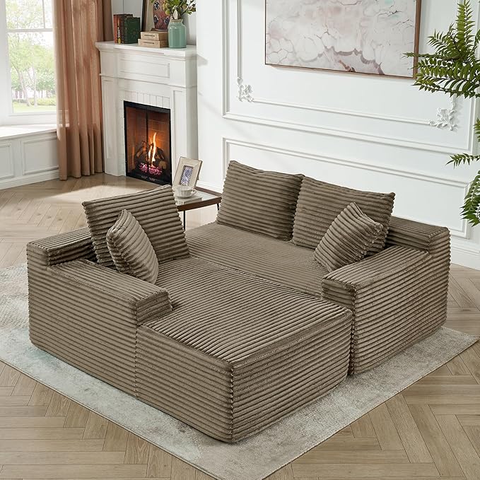 HYJT-H&K Modular Sectional Sofa Cloud Sectional Couch, 95" Comfy Fluffy L Shaped Brown Couches for Living Room, Deep Seat Memory Foam Plush Corduroy Boneless Couch Sectionals Left Facing Chaise Sofa