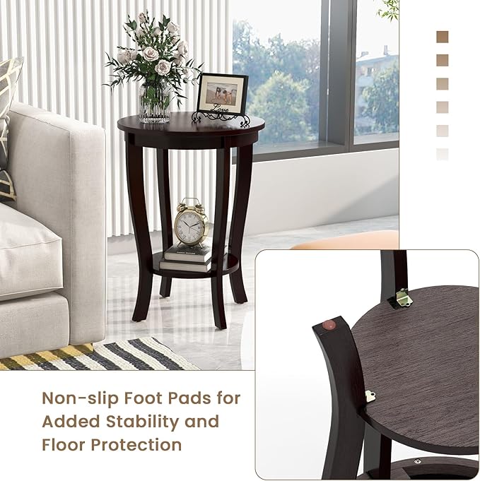 GOFLAME 2-Tier Round End Table Set of 2, 18” Sofa Side Table with Storage Shelf, Floor Tea Table with Solid Wood Legs, Compact Nightstand for Small Space, Living Room, Bedroom, Espresso