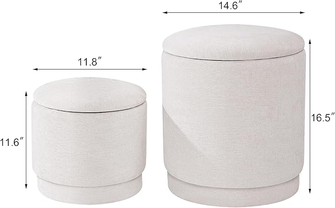 Homebeez Round Storage Ottoman Set of 2, Chenille Fabric Stool with Removable Lid, Multifunctional Foot Rest Pouf for Living Room, Bedroom, Dorm, Supports 300 lbs, Beige