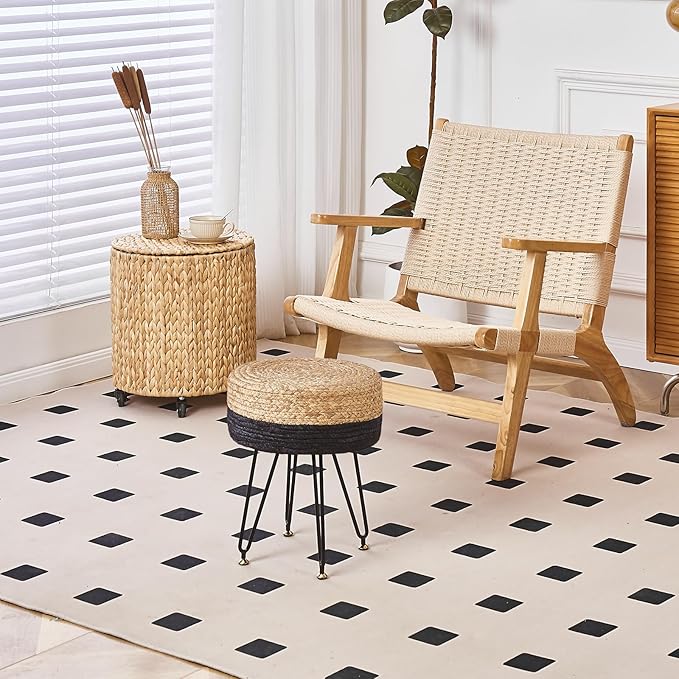 Wimarsbon Ottoman Pouf Handmade Natural Water Hyacinth,Round Footrest with 4 Metal Legs,Vanity Stool for Bedroom,Hallway,Living Room (Natural Water Hyacinth+Black Corn Husk)