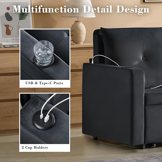 Krcix 3 in 1 Pull Out Couch, 56 Inch Velvet Sofa Bed, Convertible Loveseat Sleeper Sofa for Living Room, Small Space, Upholstered Couch Bed with USB, Cup Holder(Black)