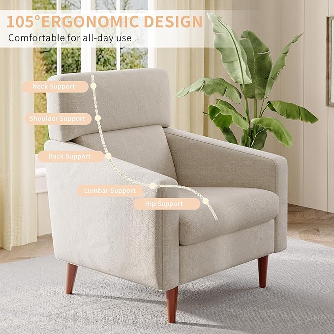EJUNQ Mid-Century Accent Chair,Fabric Modern Reading Living Room Chairs, Upholstered Armchair with Wood Legs，Cozy Reading Chair for Living Room，Bedroom（Beige