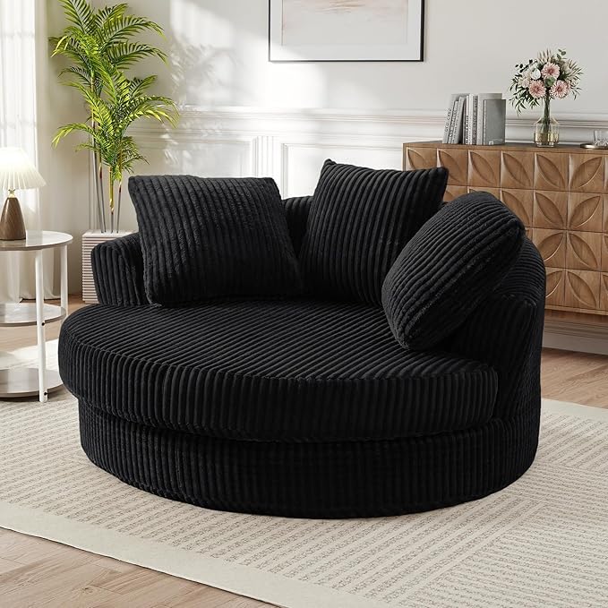 61"W Oversized Round Chaise Lounge Chair Indoor, Upholstered Corduroy Large Circle Boneless Chair with Deep Seat, No Assembly Required, Modern Comfy Cloud Sofa Chairs for Living Room, Bedroom(Black)