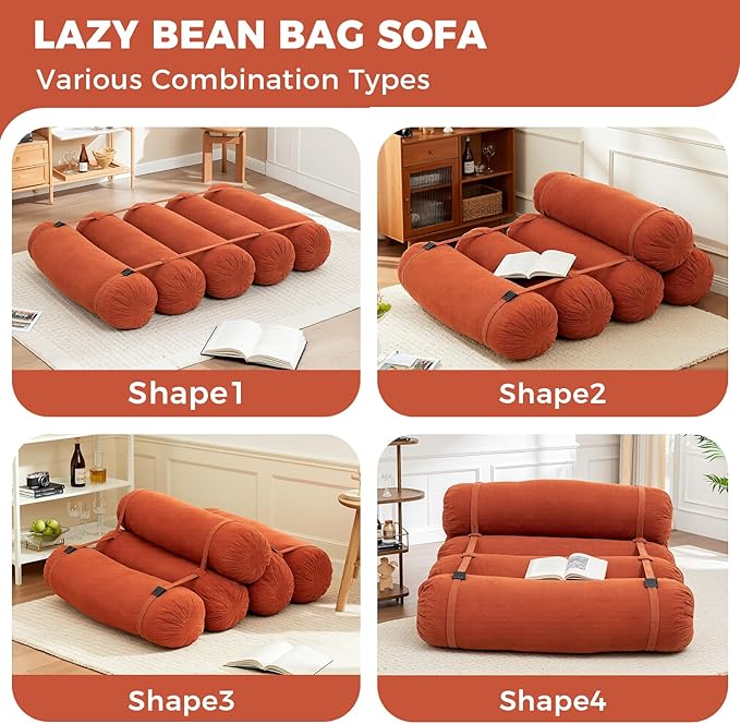 Ekskiei Bean Bag Sofa, Corduroy Sectional with Connecting Straps, Flexible Floor Seating, Soft Foam Filled Lounger, Non-Removable Cover, Reconfigurable Design,Living Room,Bedronm&Offices,Orange