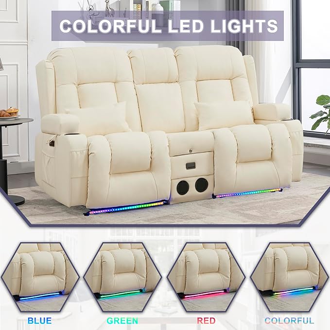 URRED Loveseat Recliner Sofa with Massage and Heat, Power Reclining Loveseat Sofa RV Couch with Console, Home Theater Seating with LED Lights, Bluetooth Speakers, USB, Outlets, Faux Leather, Ivory